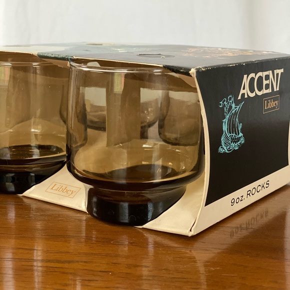 {SOLD} NIB Set mid-century modern smoky rock glasses by Libbey Co - Picture 4 of 12